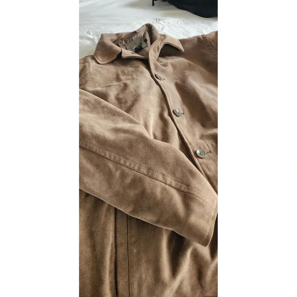 J. Crew Mens Suede Leather Jacket Button Front Collared Brown Sz L Fall Western